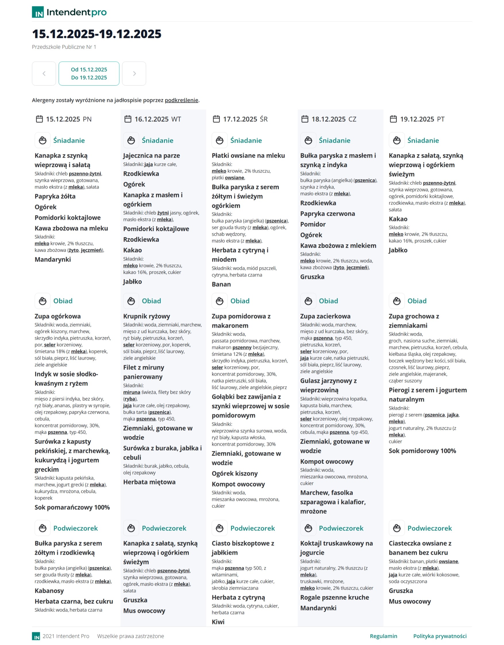 Jadłospis 15.12- 19.12.2025