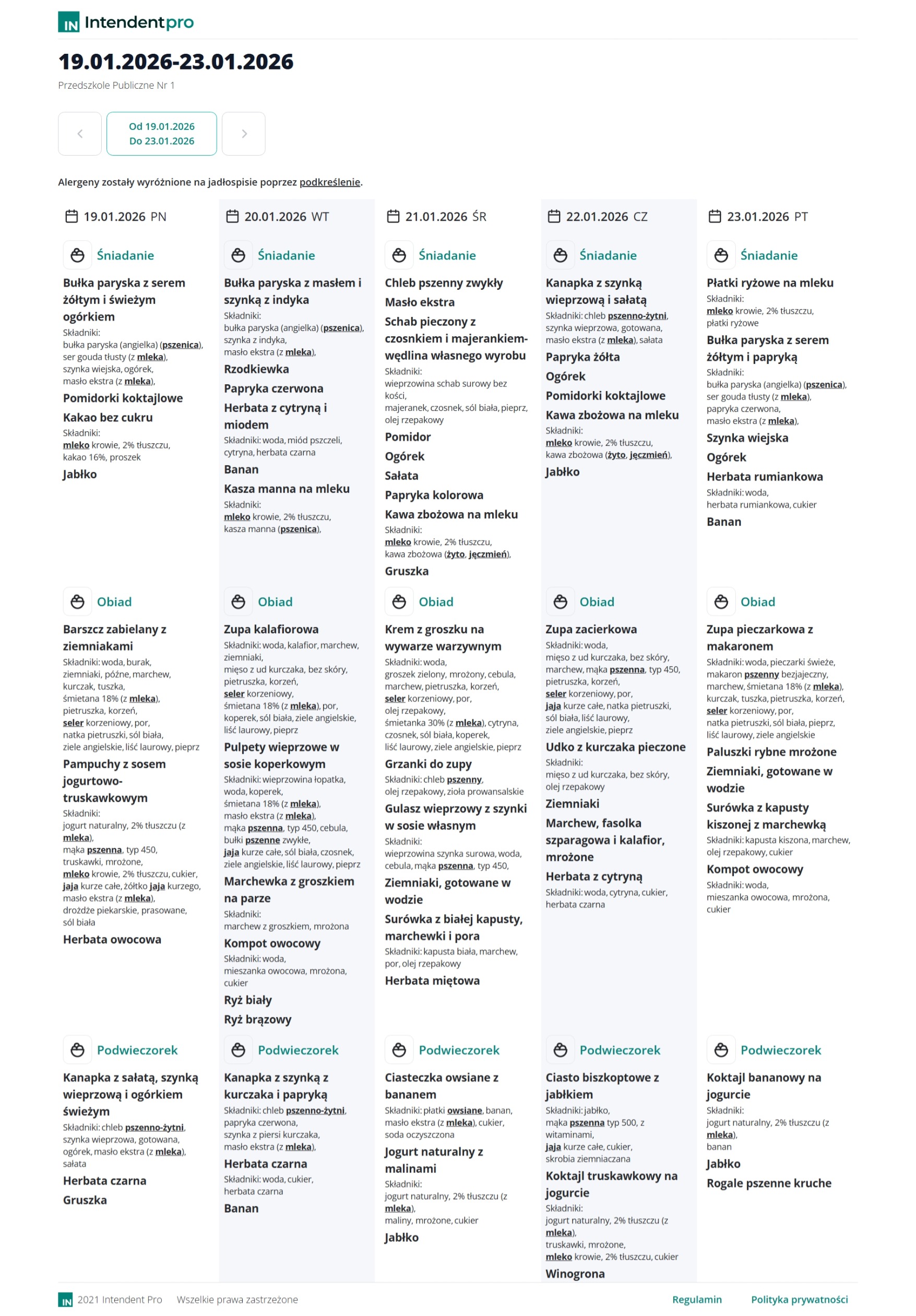 Jadłospis 19.01.2026- 23.01.2026